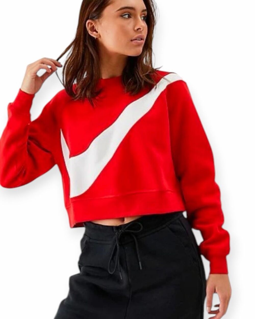 NIKE Sportswear Swoosh Cropped Fleece Crew Sweatshirt Red White Medium